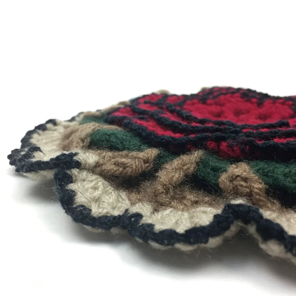 Handmade Vtg Crochet Hanging Decorative Pot Holder Trivet Flower Red Green Brown